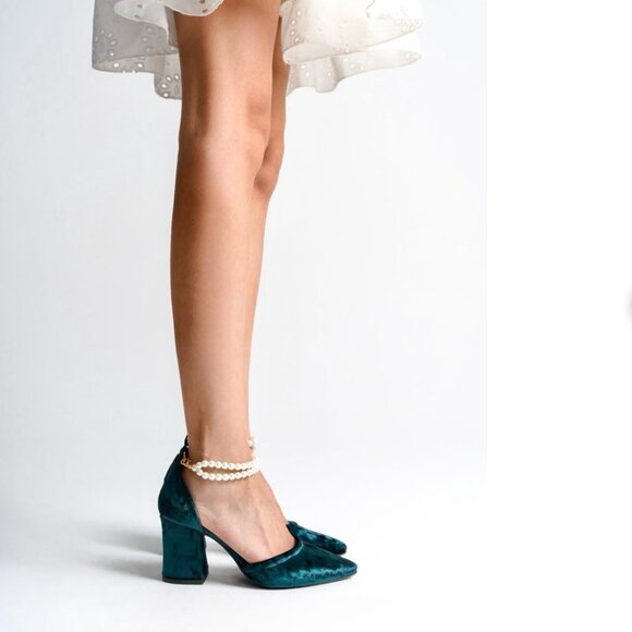 Green velvet block heels with pearl ankle strap - Picture 3 of 8